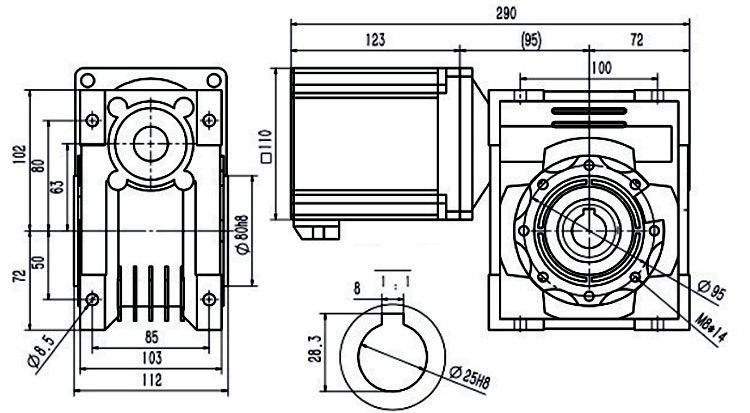 1000W worm gear motor dimension