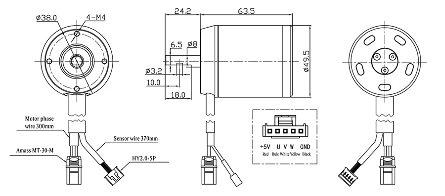 1200W outrunner sensored BLDC motor dimension