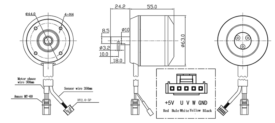 1600W outrunner sensored BLDC motor dimension
