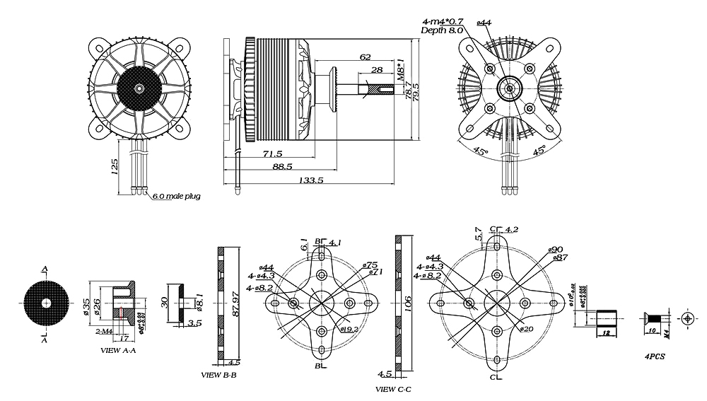 160KV BLDC motor for drone dimension