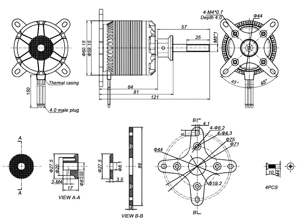 200KV BLDC motor for drone dimension
