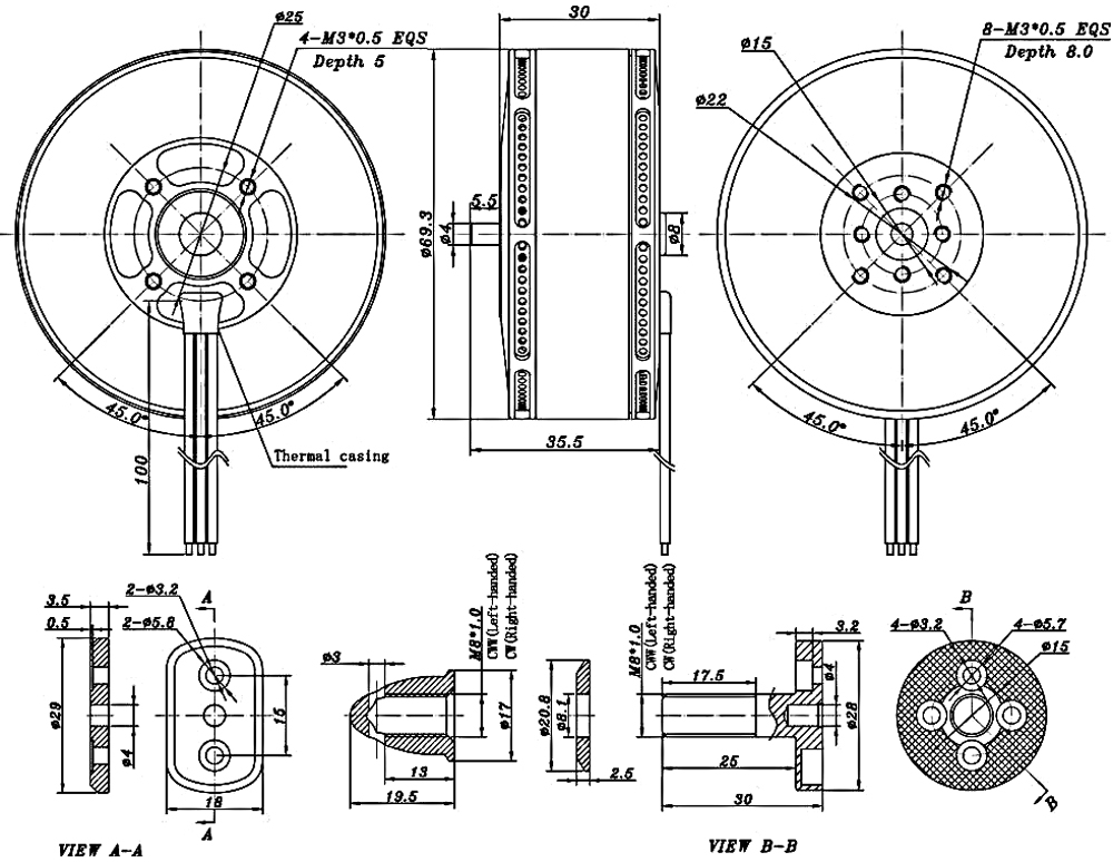 250KV BLDC heavy lift drone motor dimension