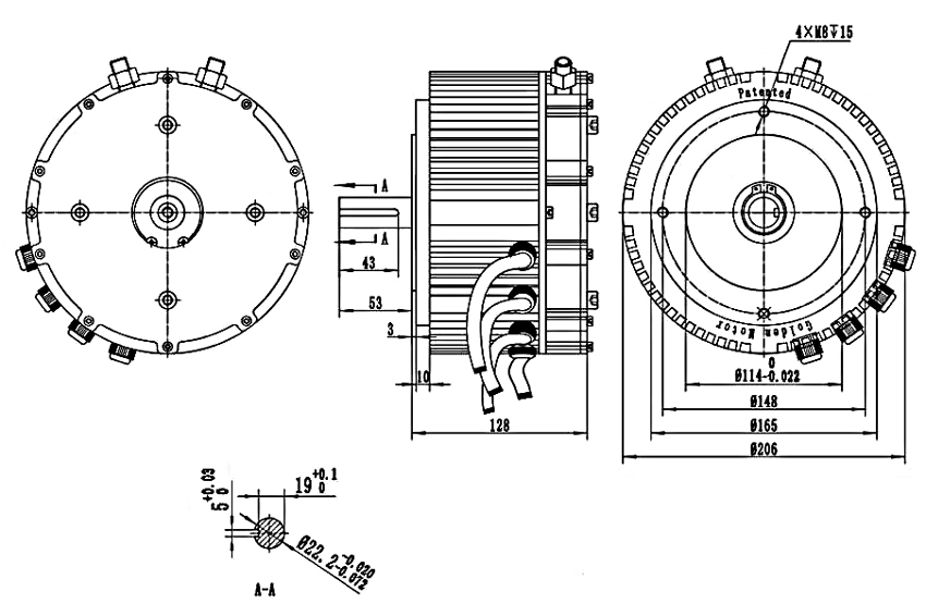 5kW water cooling BLDC motor for electric vehicle dimension