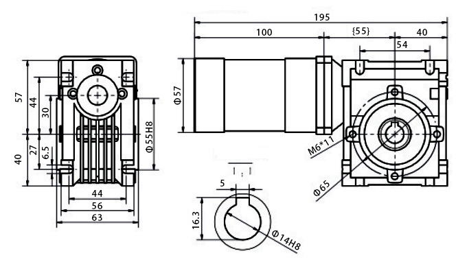 100W bldc worm gear motor dimension