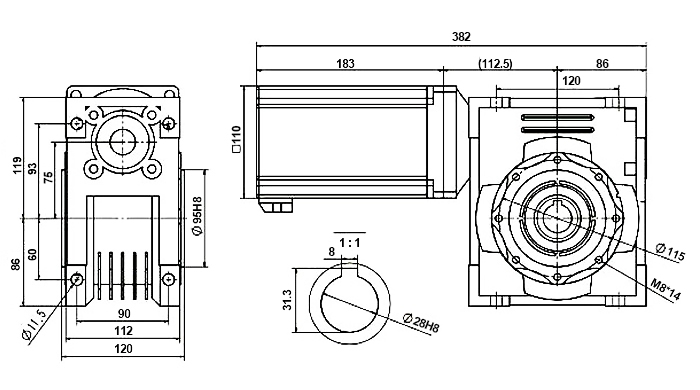 2000W bldc worm gear motor dimension