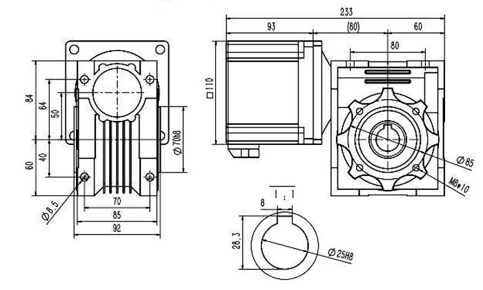 600W bldc worm gear motor dimension