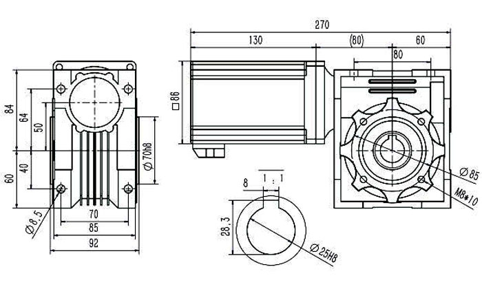 750W bldc worm gear motor dimension