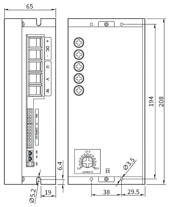 Dimensions of brushless DC driver 24V-60V